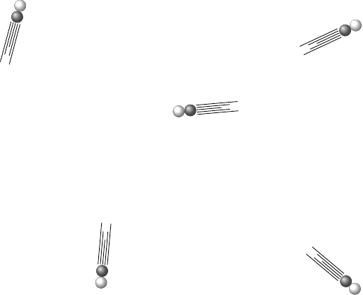 Illustration of gas molecules moving rapidly in different directions with large spaces between them