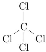 Diagram of the carbon tetrachloride molecule showing its regular tetrahedral geometry with the carbon atom at the center and four chlorine atoms at the vertices
