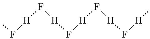 Diagram showing the hydrogen bond between two HF molecules, with the partially positive hydrogen of one molecule attracted to the partially negative fluorine of another molecule, showing the hydrogen bond length between the two fluorine atoms