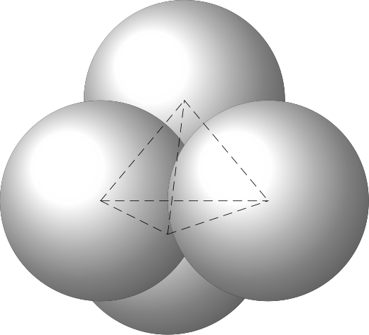 Diagram showing the P4 molecule with four phosphorus atoms arranged at the vertices of a regular tetrahedron, each bonded to the other three by covalent bonds