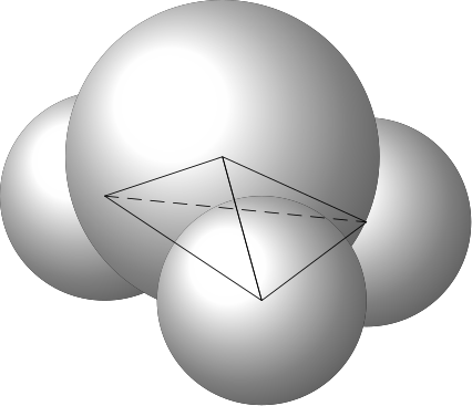 Diagram of the ammonia molecule showing a trigonal pyramidal structure with nitrogen at the apex and three hydrogen atoms at the base, with bond angles of 107 degrees 18 minutes