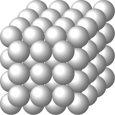 Schematic diagram showing the close-packed crystal structure of aluminum, with aluminum atoms arranged in a regular, layered pattern