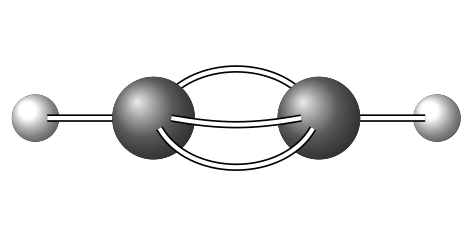 Ball-and-stick model of acetylene showing two carbon atoms connected by a triple bond with one hydrogen atom on each end, all in a straight line.