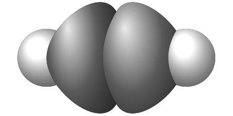 Space-filling model of acetylene showing the compact linear arrangement of atoms.