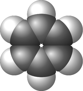 Ball-and-stick model showing the flat hexagonal structure of benzene with six carbon atoms and six hydrogen atoms all in one plane.