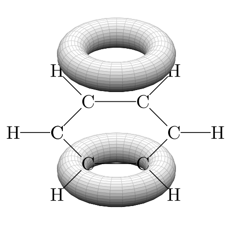 Diagram showing the delocalized pi electron cloud distributed as a donut shape above and below the benzene ring plane.