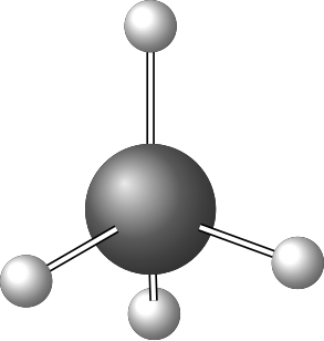 Ball-and-stick model of methane showing a black carbon atom connected to four white hydrogen atoms by rods representing bonds.