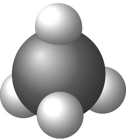 Space-filling model of methane showing the relative sizes of the carbon and hydrogen atoms in a compact arrangement.