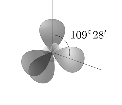 Diagram showing four sp³ hybridized orbitals of carbon arranged tetrahedrally, pointing toward the four vertices of a regular tetrahedron.