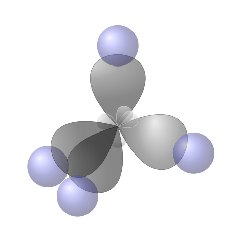 Diagram showing the overlap of an sp³ hybridized orbital of carbon with the 1s orbital of hydrogen to form a sigma bond.