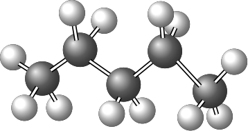 Ball-and-stick model of n-pentane showing five carbon atoms in a zigzag chain.