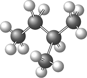 Ball-and-stick model of isopentane showing a four-carbon chain with one methyl branch.