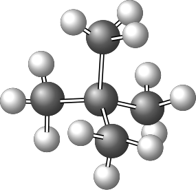 Ball-and-stick model of neopentane showing a central carbon bonded to four methyl groups.