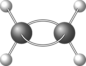 Ball-and-stick model of ethylene showing two carbon atoms connected by a double bond with two hydrogen atoms on each carbon, all in the same plane.