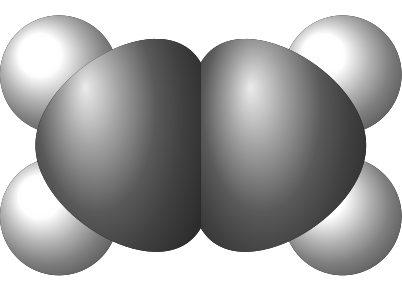 Space-filling model of ethylene showing the relative sizes of carbon and hydrogen atoms in a flat arrangement.