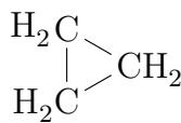 Geometric structural formulas of four cycloalkanes: cyclopropane as a triangle, cyclobutane as a square, cyclopentane as a pentagon, and cyclohexane as a hexagon, each with hydrogen atoms on the ring carbons.