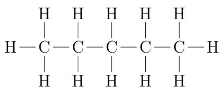 Structural formulas showing three isomers of pentane: n-pentane with a straight chain of five carbons, isopentane with one methyl branch, and neopentane with two methyl branches on the central carbon.