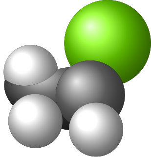 Space-filling molecular model of chloroethane (CH₃CH₂Cl), showing the arrangement of carbon, hydrogen, and chlorine atoms with their relative sizes.