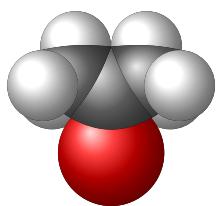 Space-filling molecular model of acetone, showing the carbonyl group (C=O) flanked by two methyl groups.