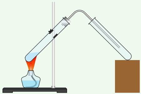 Diagram of experimental apparatus for esterification: a test tube containing the reaction mixture is heated, and the vapors pass through a delivery tube into a collecting solution of saturated sodium carbonate.