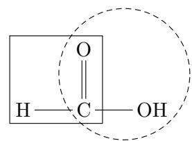 Structural formula of formic acid (HCOOH) with the carboxyl group circled by a dashed line and the aldehyde group enclosed in a box, illustrating the dual functional group character.