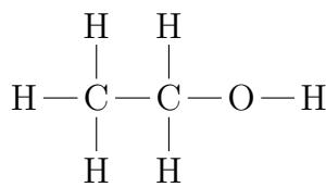 Structural formula of ethanol showing each bond: H atoms connected to two carbon atoms, with an OH group on the second carbon.
