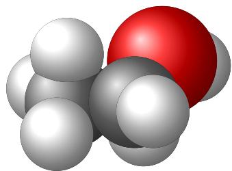 Space-filling molecular model of ethanol, showing the relative sizes and arrangement of carbon (black), hydrogen (white), and oxygen (red) atoms.