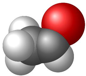 Space-filling molecular model of acetaldehyde, showing the relative sizes and positions of carbon, hydrogen, and oxygen atoms.