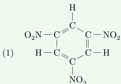 Structural formula (1): nitroglycerin (glyceryl trinitrate), showing three nitrate ester groups.