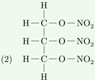 Structural formula (2): 2,4-dinitrophenol, showing two nitro groups attached to a benzene ring with a hydroxyl group.