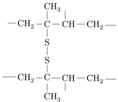 Structural formula showing polyisoprene chains connected by disulfide bridges (-S-S-) formed during vulcanization, creating a cross-linked network.