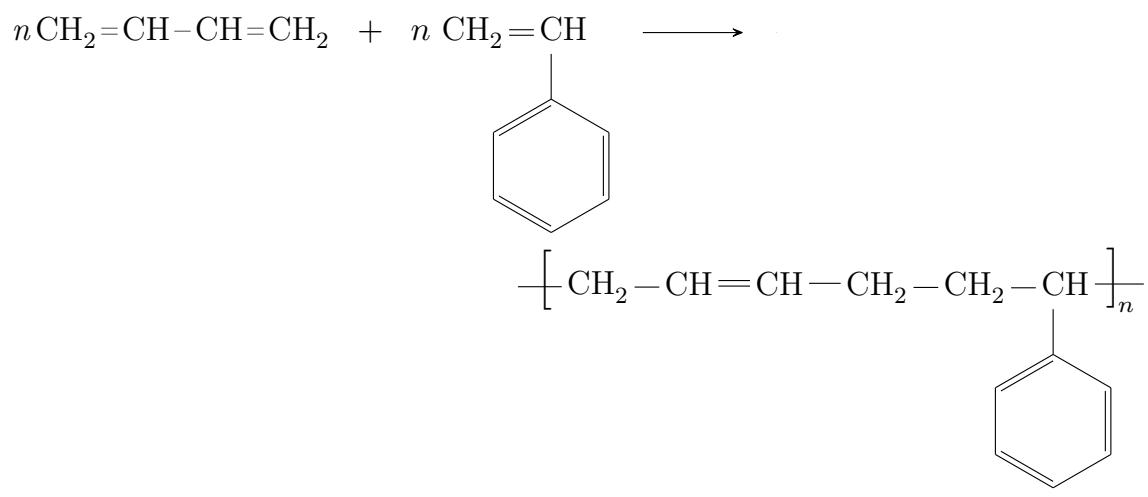 Chemical equation showing the copolymerization of 1,3-butadiene and styrene to form styrene-butadiene rubber (SBR), with the repeating unit structure shown.