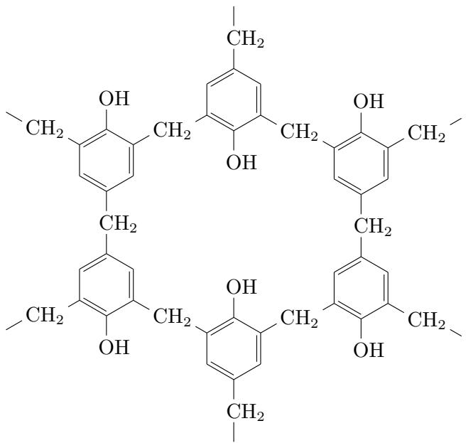 Three-dimensional network structure of phenol-formaldehyde resin, showing phenol rings linked by methylene bridges at both ortho and para positions, forming an extensive cross-linked structure.