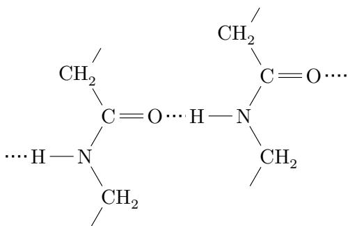 Diagram showing hydrogen bonds (dotted lines) formed between the NH and CO groups of adjacent polyamide chains, which strengthen the intermolecular interactions.